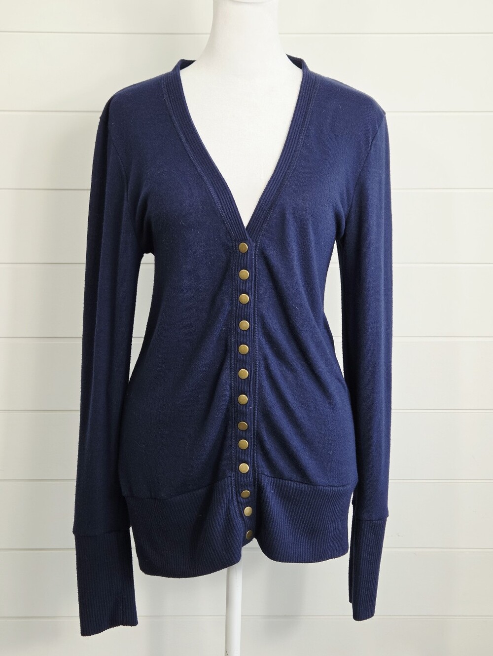 Zenana Outfitters Navy Blue Lightweight V-Neck Cardigan with Gold Buttons Size L